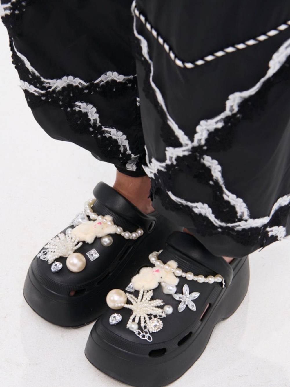 Black Platform Clog Mules with Pearl & Charm Embellishments - Picture 6 of 6